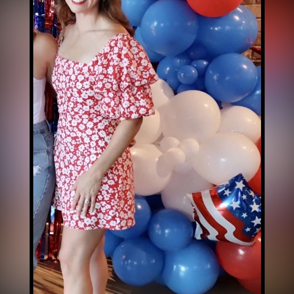 Shop Neighbor Red & White Floral A Line Puffy Sleeve Dress